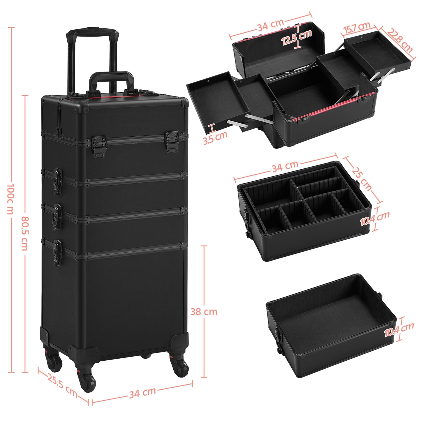 Vanity Case - Large 4-in-1 Organiser Rolling Case Trolley with Key Locks, 4 Tiers, All Black