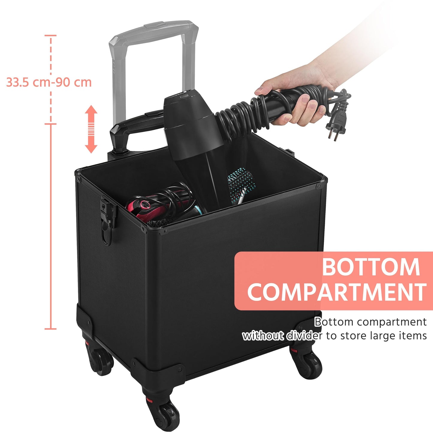 Vanity Case - Large 4-in-1 Organiser Rolling Case Trolley with Key Locks, 4 Tiers, All Black