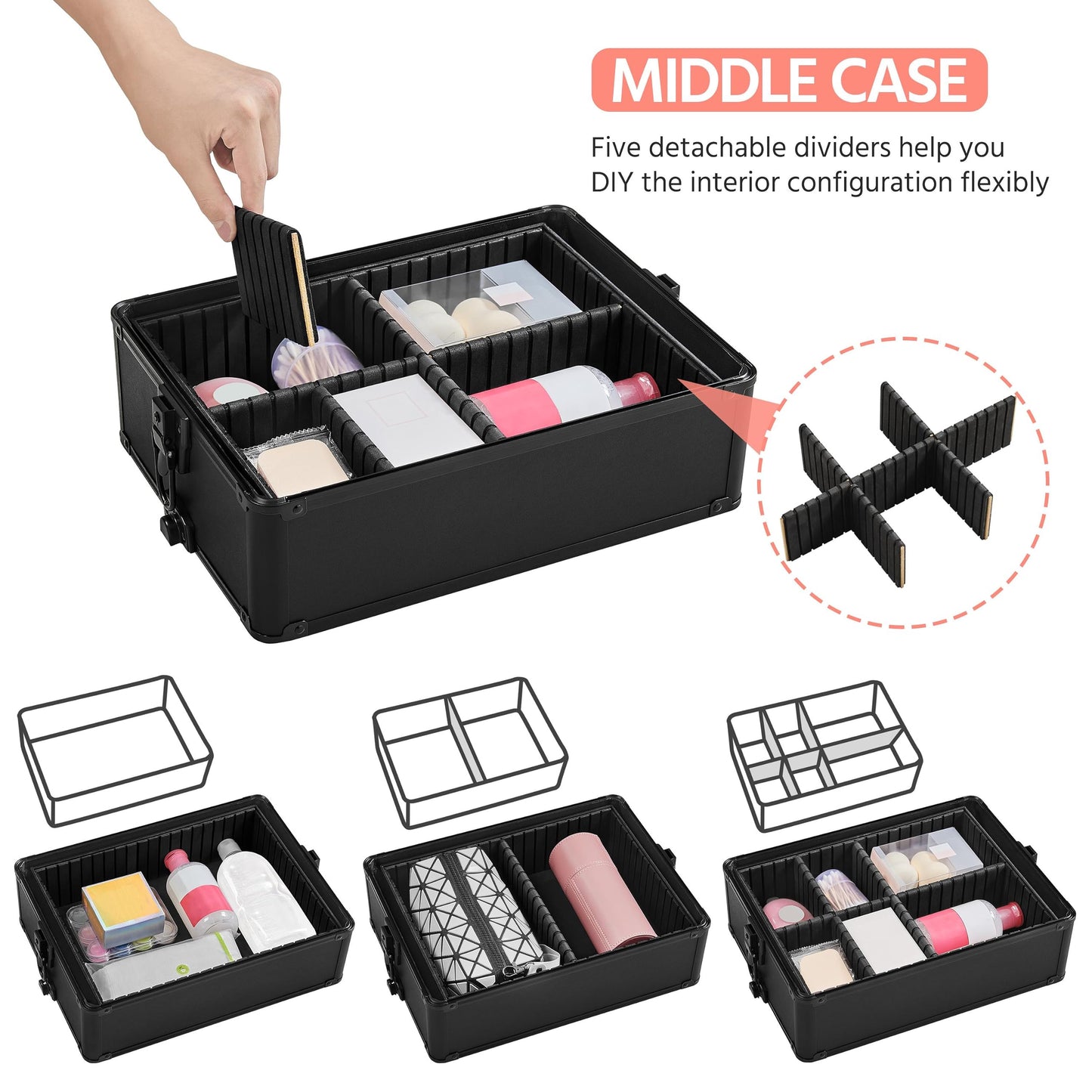 Vanity Case - Large 4-in-1 Organiser Rolling Case Trolley with Key Locks, 4 Tiers, All Black
