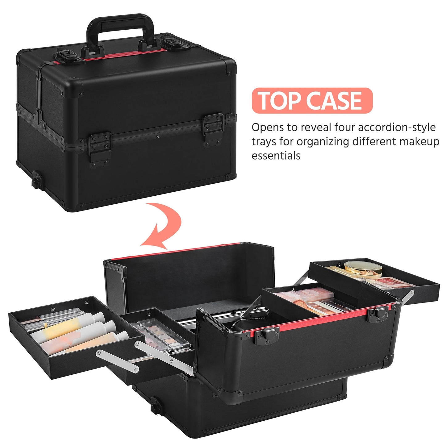 Vanity Case - Large 4-in-1 Organiser Rolling Case Trolley with Key Locks, 4 Tiers, All Black