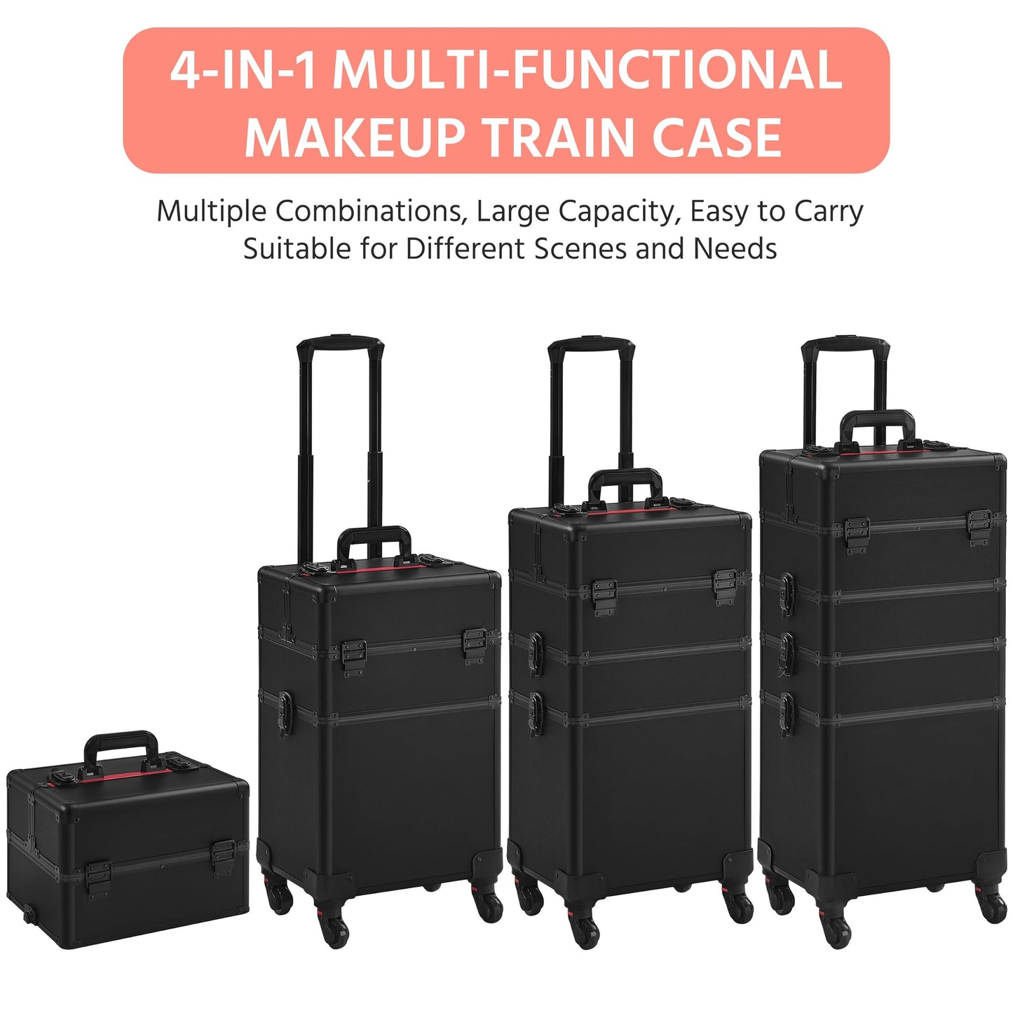 Vanity Case - Large 4-in-1 Organiser Rolling Case Trolley with Key Locks, 4 Tiers, All Black