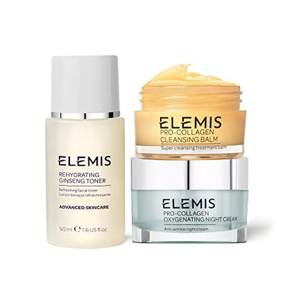 ELEMIS Pro-Collagen Overnight Hydration Heroes, 3-Piece Night-Time Skincare Routine, Reveal Firmer-Looking Skin, Gift Set Includes: Purifying Pro-Collagen Cleansing Balm, Rehydrating Ginseng Toner