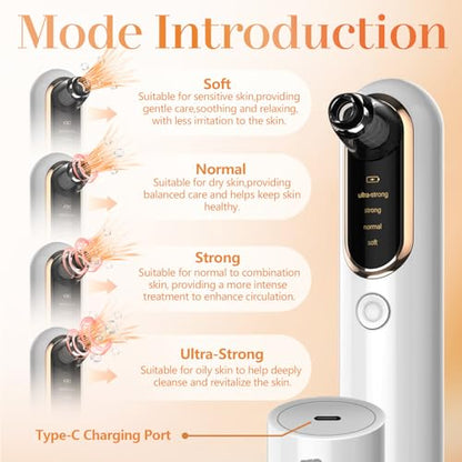 20% voucher applied at checkout, valid until 20th March,  Blackhead Remover Vacuum 4 Suction Power Mode Blackhead Remover Tool Rechargeable Black Head Remover for Face with 4 Suction Heads Pore Vacuum Cleaner Acne Pimple Whitehead Extractor