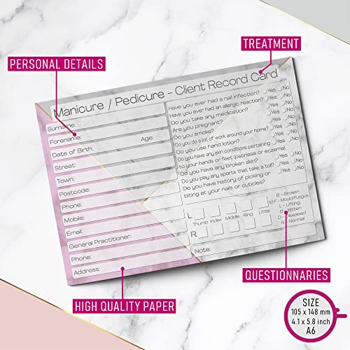 Nail Client Cards Manicure Pedicure - Salon and Therapist Customer Consultation Record - Treatment Services Essentials - Pack of 50
