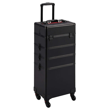 Vanity Case - Large 4-in-1 Organiser Rolling Case Trolley with Key Locks, 4 Tiers, All Black
