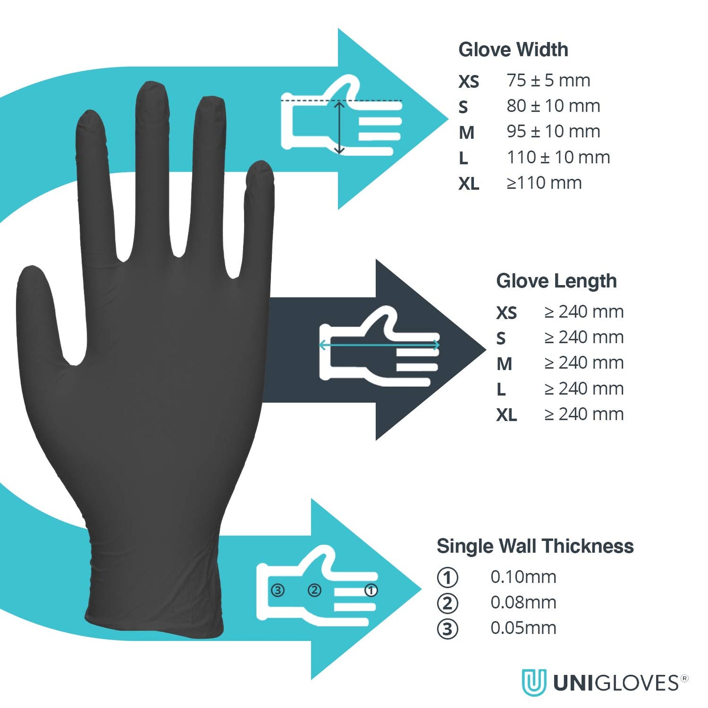 Unigloves Black Pearl Nitrile Examination Gloves - Multipurpose, Powder Free and Latex Free Disposable Gloves - Box of 100 Gloves,